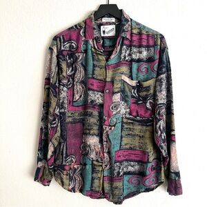 Vintage Goouch Men’s Abstract Eclectic Rayon Long Sleeve Button Up Shirt Size M